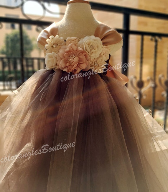 Flower girl dress chiffton flowers Brown champagne tutu dress