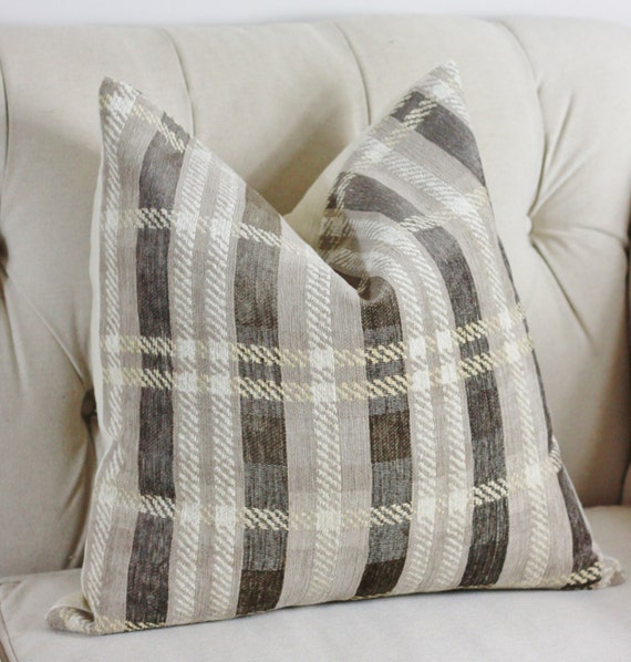 Plaid Pillow Gray Tan Biege and Ivory Chenille Pillow - Plaid Pillow - Gray Tan Biege and Ivory Chenille Pillow -Throw Pillow -  Designer Decorative