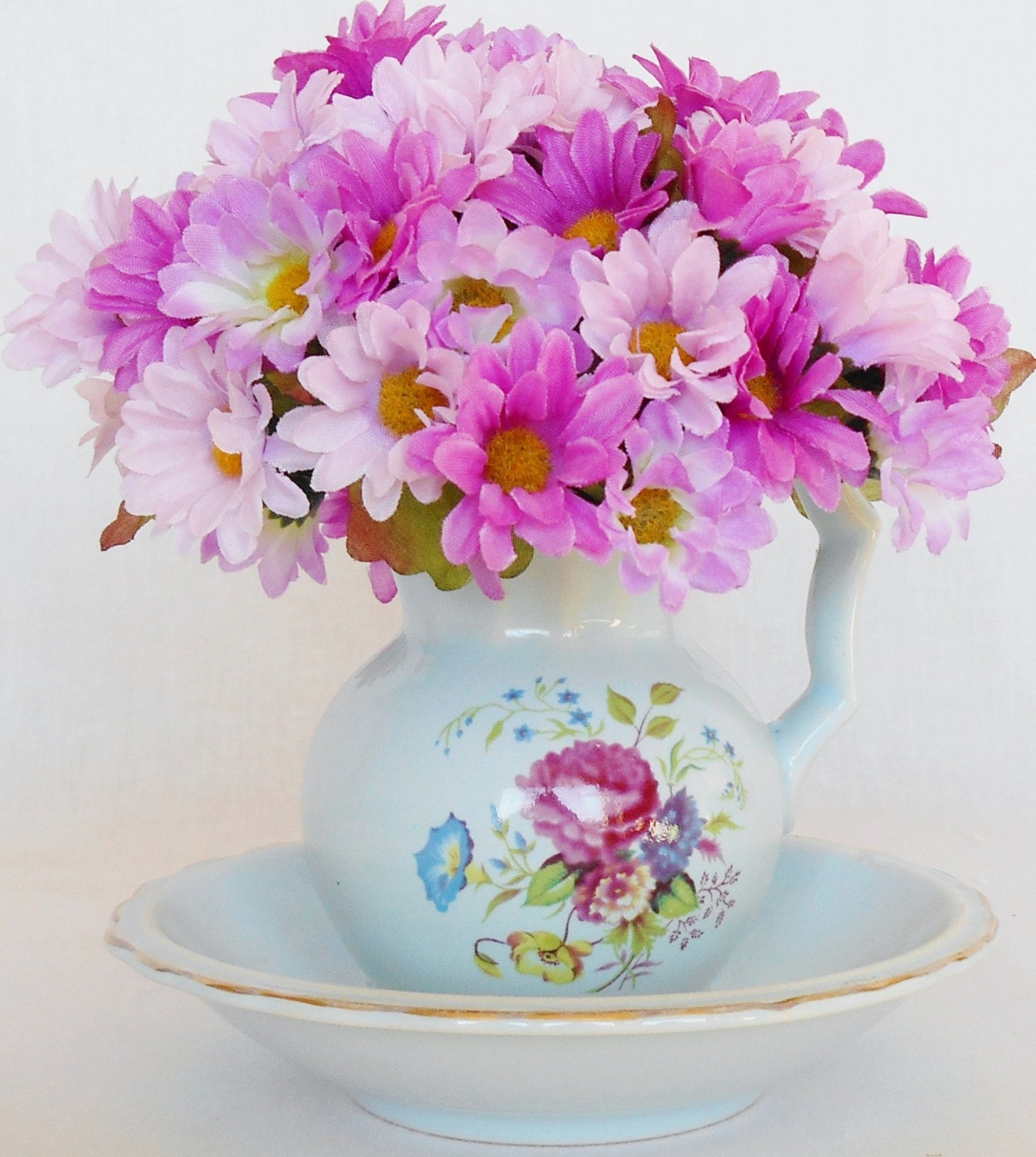 Pitcher & Bowl Silk Floral Arrangement Powder Blue Floral