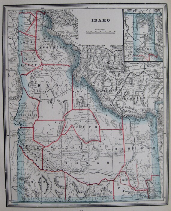 1886 Antique IDAHO Map Vintage 1800s Map Gallery Wall Art Home Decor ...