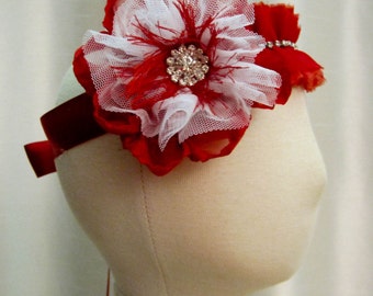 Newborn - Adult, Red & White Shabby Chic Rhinestone Tie Back Headband, Pageant Headband, Flower Girl, Ready to Ship!