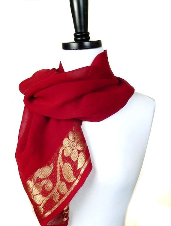 Red and Gold Shawl Chiffon Scarf Medium Length Scarf Red