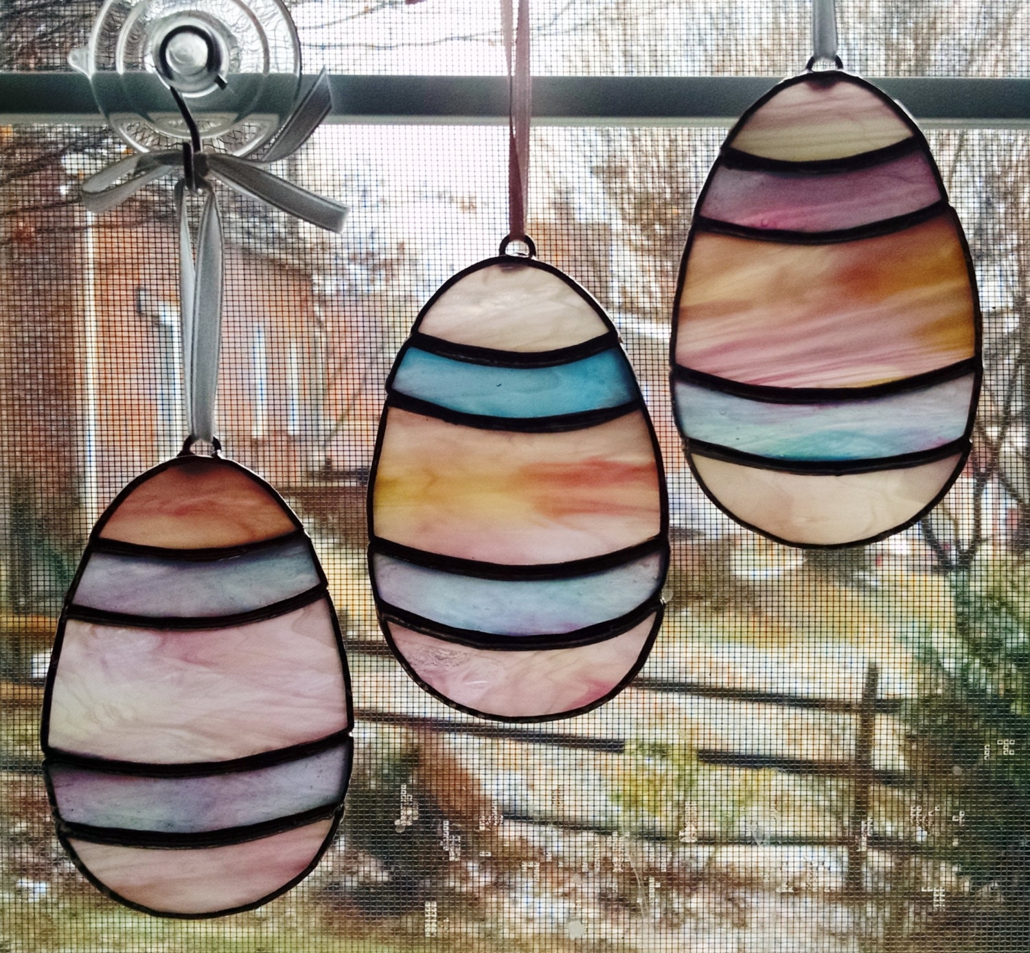 Stained Glass Easter Egg Suncatchers Pastel Pink Purple and