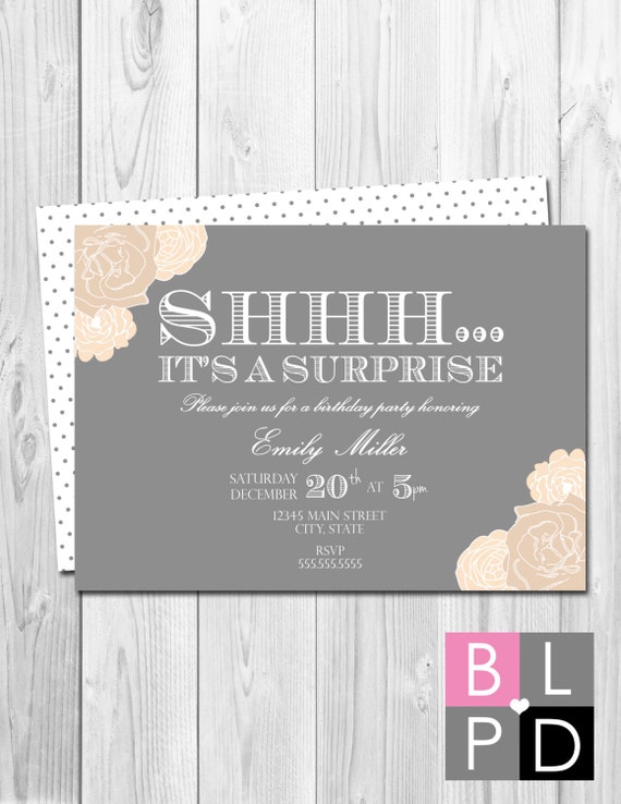 Surprise Party Invitation - Tan and Grey Floral - BACKSIDE INCLUDED - DIY - Printable Il_570xn