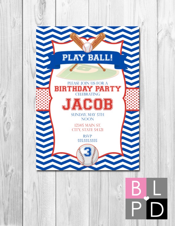 Baseball Birthday Party Invitation - Blue and Red - Baseball Bat and Ball - Chevron Stripe - DIY - Printable Il_570xn