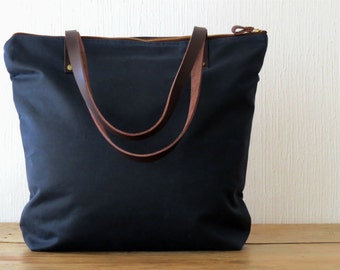 Waxed Canvas Bag Zip Tote Bag Navy Blue, Leather handles, Large Canvas ...