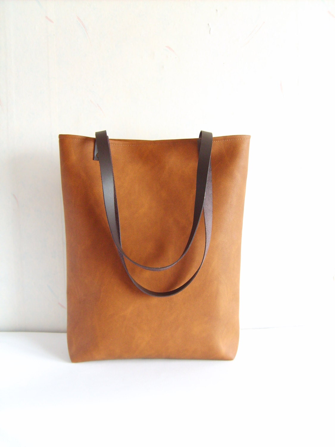 Large vegan leather cognac brown tote bag with real leather