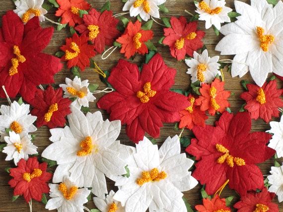 Assorted Red amp; White Paper Poinsettia 30pcs  Mulberry paper leaves 