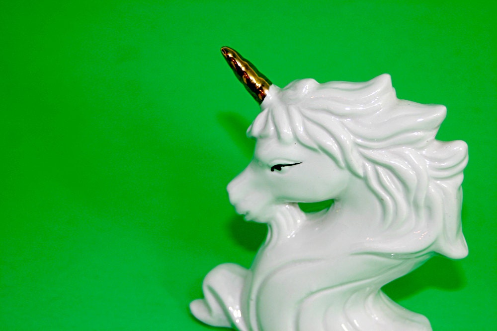 Vintage White Unicorn Head Figurine Golden Horn Ceramic