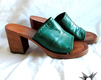 Vintage 1970's Boho Green Itali an Leather Chunky Wooden Mules Size 9 ...