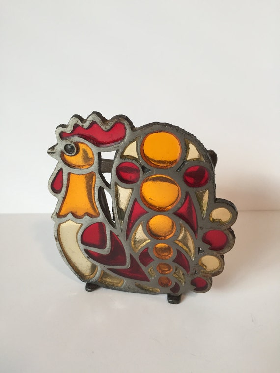 Vintage Rooster Napkin Holder Letter Holder Stained Glass