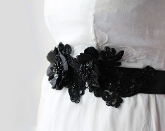 Black Flower Wedding Belt Bridal Sash with Black Glass Pearls and Small Flower and Sequin Accents