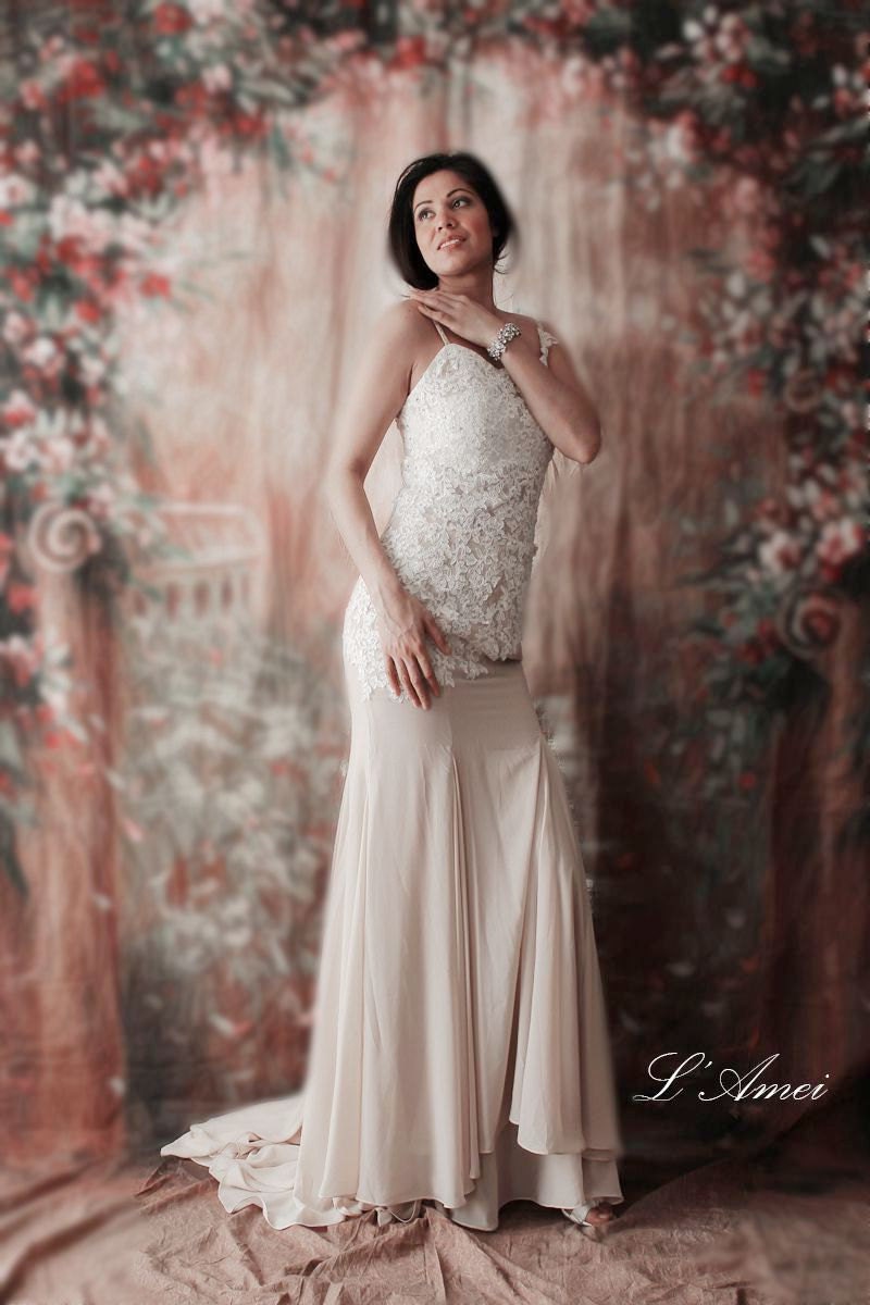 SALE Peach Lace Mermaid Flapper Dress Wedding Dress Prom