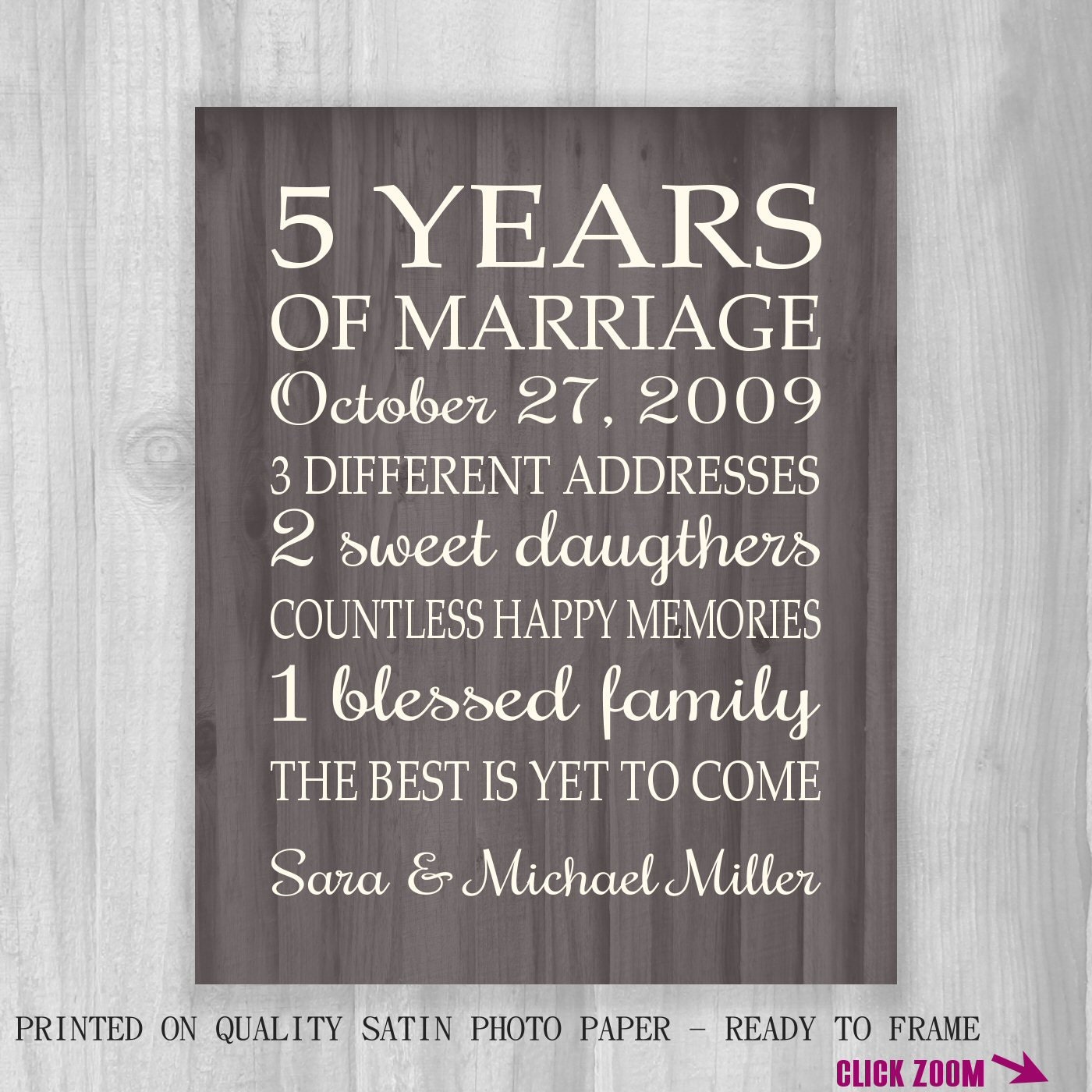 5th Anniversary  Gift Print FAUX Wood 5  Years  10 15 20 25