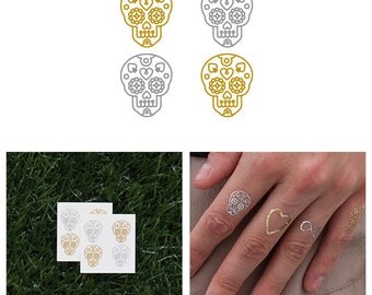 Sugar - Metallic Gold Silver Sugar Skull Muertos Temporary Tattoo (Set of 8)
