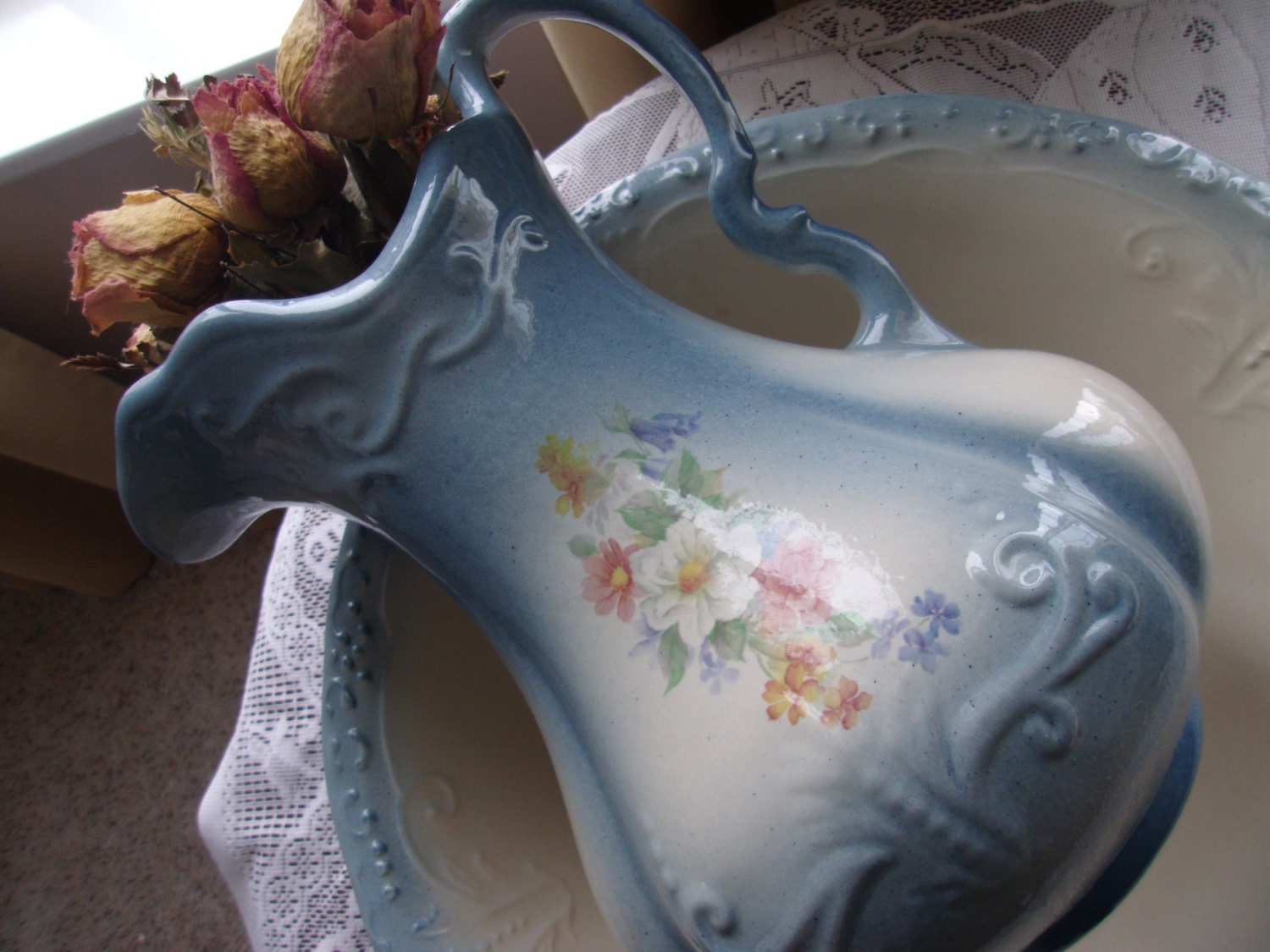 Vintage Ironstone Pitcher Wash Bowl Dusky Blue and White Array