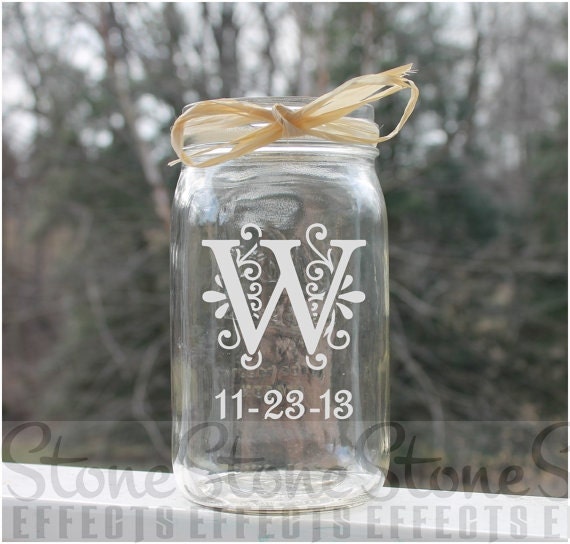 Etched Mason Jar Monogram with date Wide Mouth