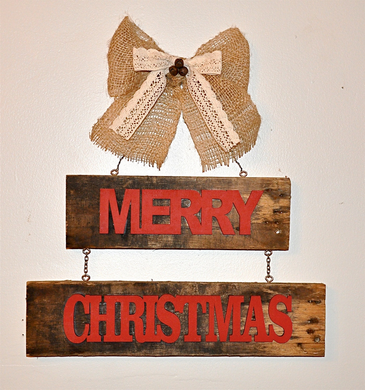 Reclaimed Wood "Merry Christmas" Sign with Burlap Bow and Vintage Jingle Bells, Holiday Decor Door Hanger, Christmas Decor