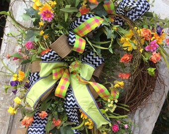 Summer Spring Wreath,Spring Wreath, Spring Door Wreath, Summer Wreath,summer Door Wreath,front door wreath, Black Chevron wreath,door wreath