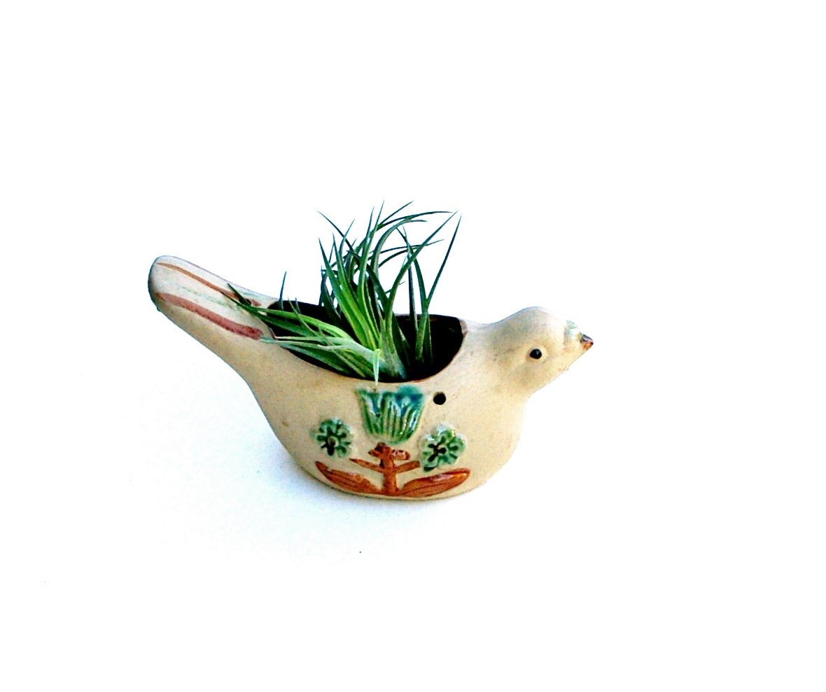 Vintage Ceramic Bird Planter Pottery With Hand Painted Green