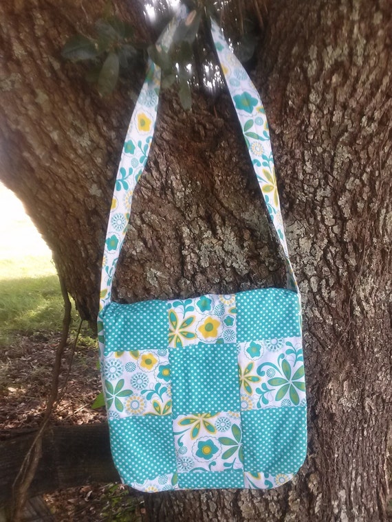 Items similar to Quilted Messenger bag, Ladies bag in turquoise, white