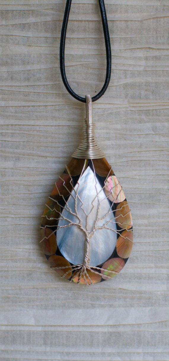 Arbre de vie argent pendentif mère de Pearl/Abalone en fil de cuivre enroulé de couleur