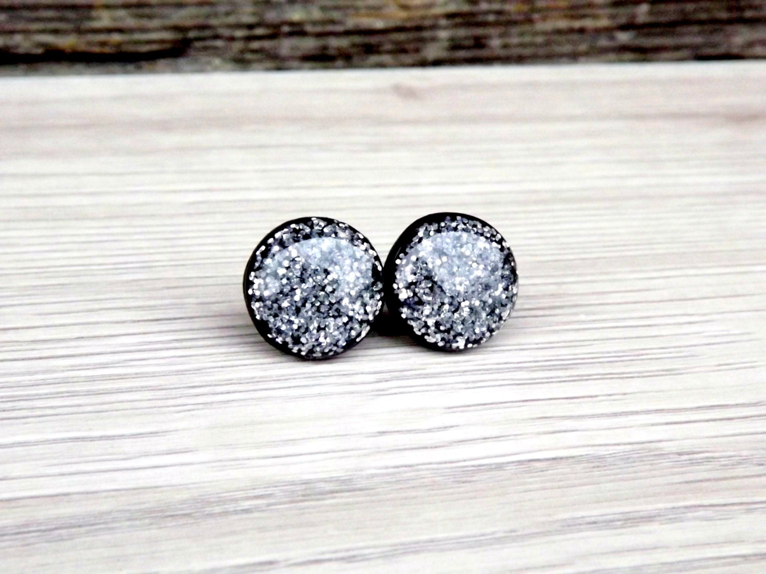 Silver glitter stud earrings Glitter earrings Glitter