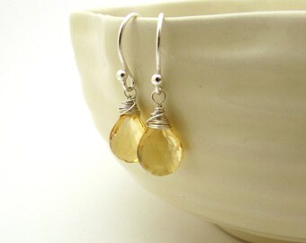 Silver citrine earrings, November birthstone jewelry, sterling silver wire wrapped earrings, citrine jewelry, pale yellow gemstone earrings