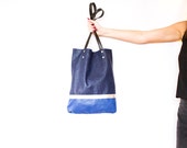 Gold Blue Metallic Leather Shopper // NavyTote // Geometric Hobo Bag // Laptop Purse // Gift for her
