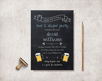 Beer and Diaper Party Invitation Printable, Diaper Baby Shower, Digital File - Chalkboard Diaper Party Invitation