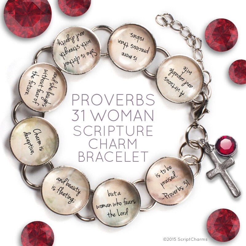 Proverbs 31 Woman Glass Charm Scripture Bracelet with