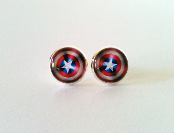 Items similar to Captain America earrings, glass cabochon 12mm stud ...