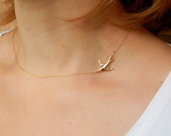 Sideways gold bird necklace, gold bird necklace, swallow bird necklace, everyday necklace, minimalist necklace, elegant necklace, gift 235