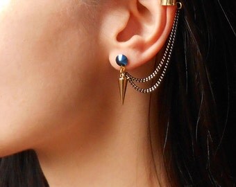 Spike ear cuff earrings, gold spike earrings, rock style, chain ear cuff earrings