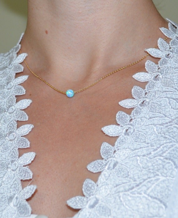Opal Necklace, Tiny Dot Necklace, Small Opal Ball Gold Necklace, blue opal charm, simple dainty circle opal bead necklace, opal jewelry