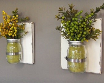 Wall Sconces, Wooden Wall Decor, Set of 2 Sconces, 16 oz Mason Jars, Distressed Wood, Cream Paint, Rustic Wall Decor, Farm House Decor