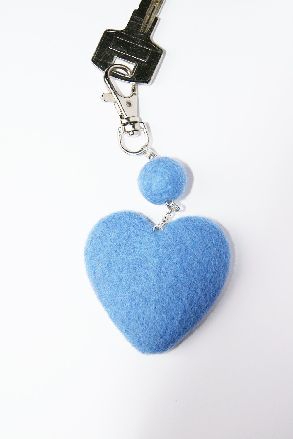 Wool Needle Felted Keychain Bag Charm with Blue Heart Key