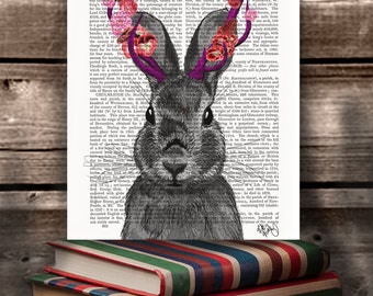 Rabbit print rabbit art - Jackalope with Pink Antlers - wall decor digital print rabbit illustration rabbit wall art pink decor pink room