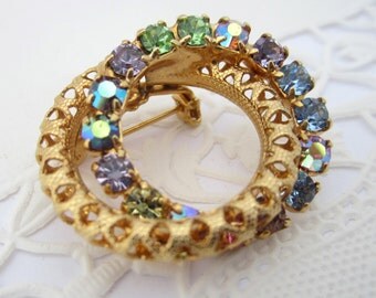 Rhinestone Double Ring Eternity Brooch Gold Tone with Purple Green & Blue AB Rhinestones Vintage 1970's Pin