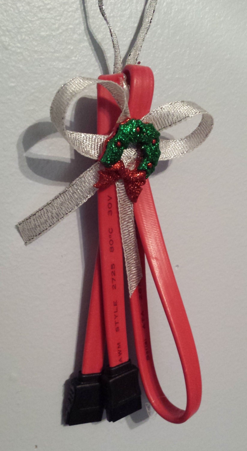 GEEK Christmas Ornament - Computer SATA Cable with Silver Ribbon & Wreath