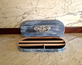 Jewelry Wood Large Shaker Box Re-cyled Refinished Distress Painted Blue/Black Vintage Canadian Brass Drawer Pull