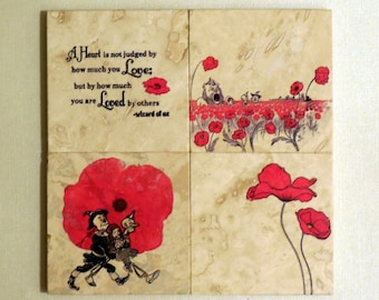Set of Four 'The Wonderful Wizard of Oz' Travertine Tile Coasters - Poppies - Love - Friendship - Housewarming Gift