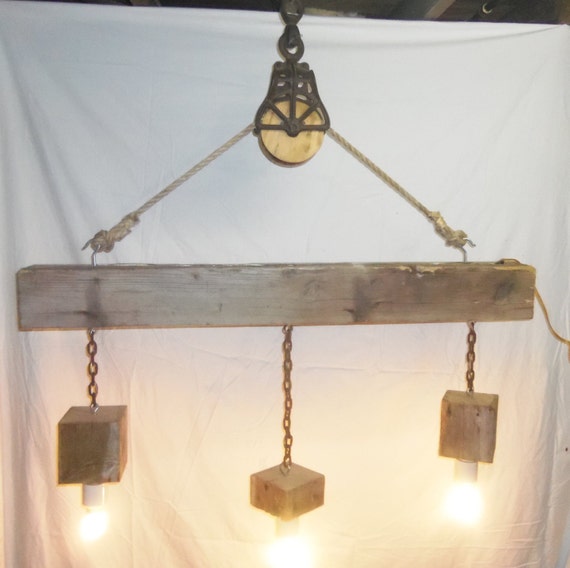 Reclaimed Barn Beam and Pulley 3 Light Chandelier