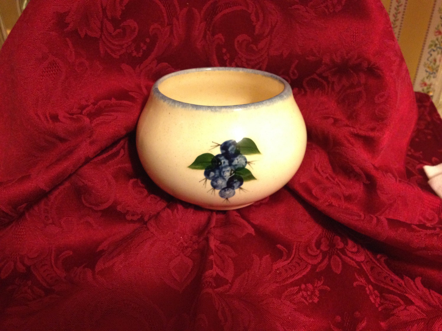 Ceramic Blueberry Open Sugar Bowl Blue Sponge on rim and handle