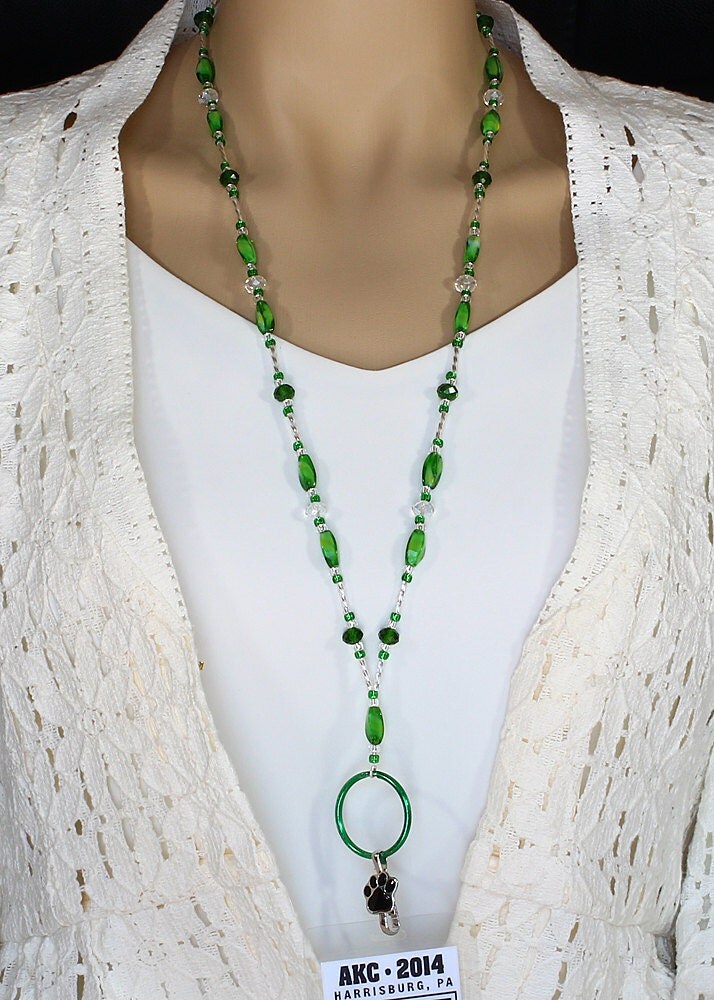Green Beaded Lanyard Crystal beaded ID by PawtasticDesignsGems