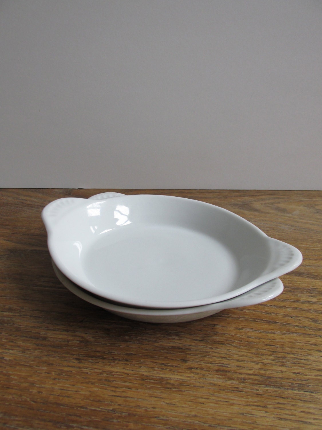 Vintage White Porcelain Round Gratin Dish set of 2 white