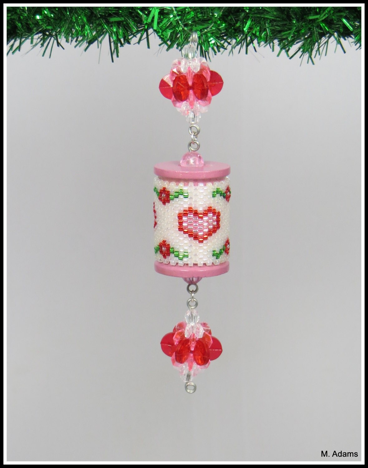 Red and Pink Hearts Beaded Christmas Ornament