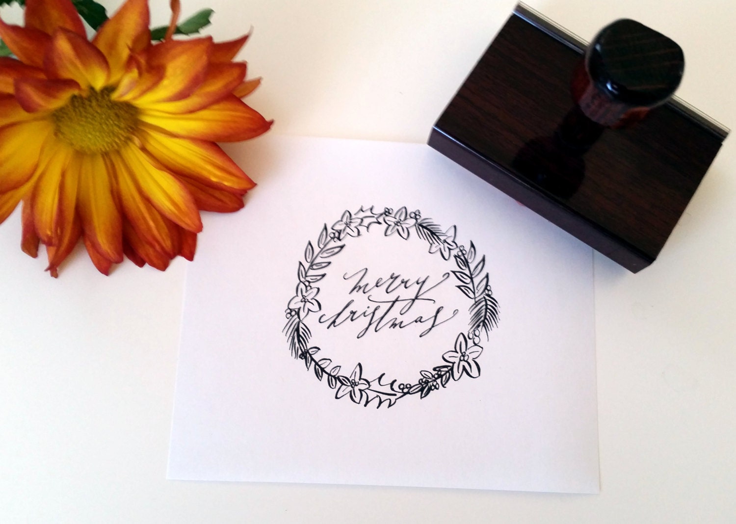 Hand Calligraphy Wreath "Merry Christmas" Rubber Stamp