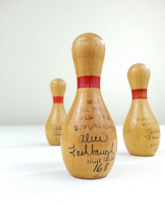 miniature wooden bowling pins vintage sports by PropsandPieces