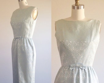 Mint dress- 1950s dress- Preppy dress- Damask pencil dress- Blue dress- Retro clothing